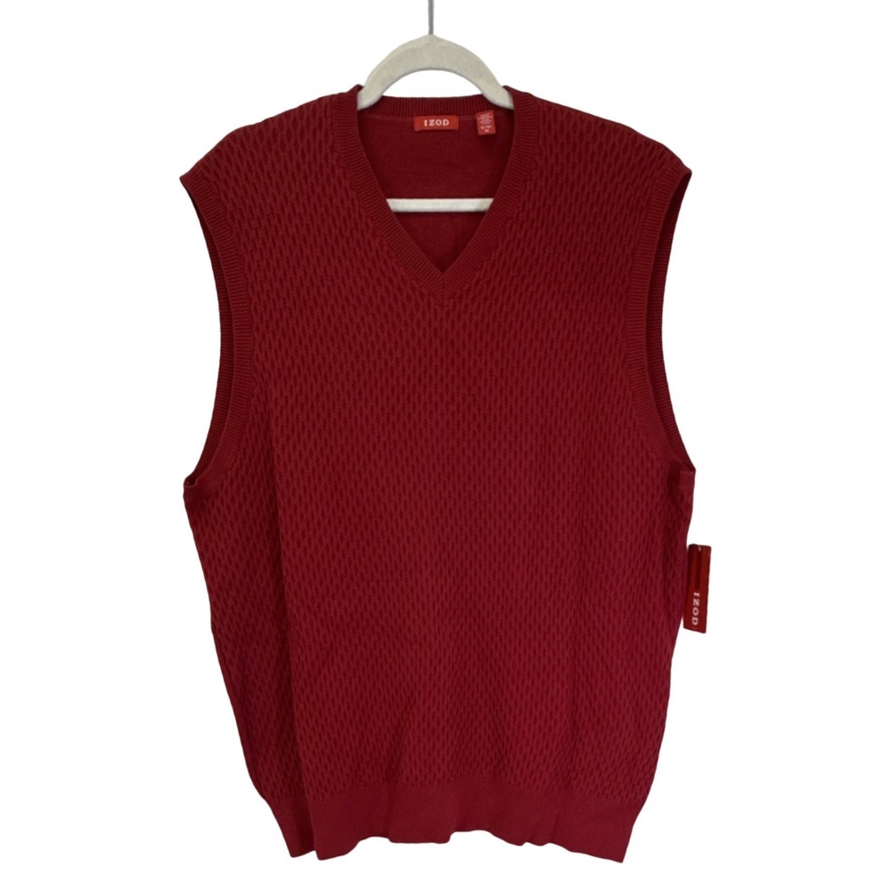 IZOD Red Cotton Waffle-Knit V-Neck Sweater Vest Men's XL